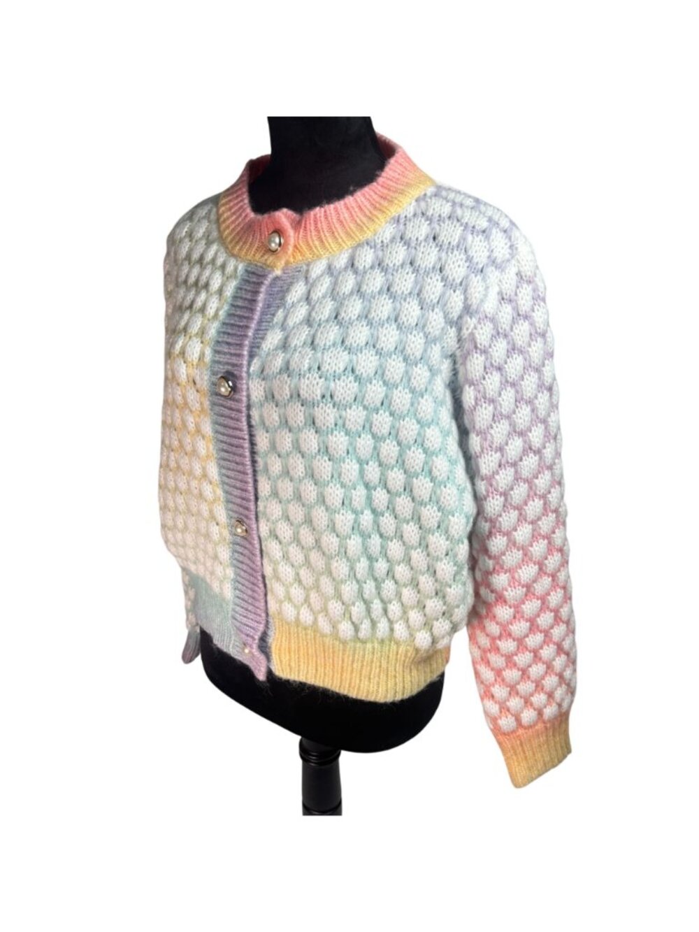 Pastel Rainbow Bubble Knit Cardigan Sweater, Pearl Buttons Colorblock size Large - Picture 2 of 12